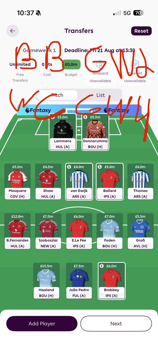 Anthonyromeo71's tweet photo. @FPLKarim_ Also can use triple captain on gw3 Haaland vs Coventry https://t.co/2GgQcHCwvA