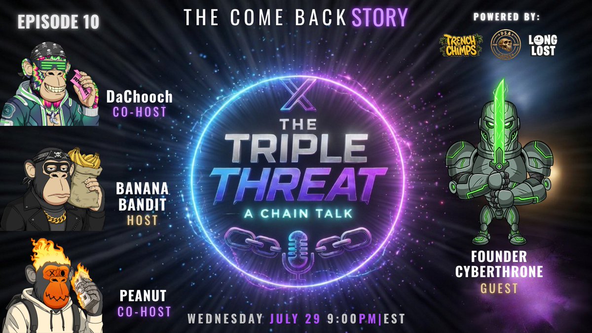 0xPSA's tweet photo. tap in tomorrow as our very own Banana Bandit, @Da_Chooch1 &amp; @peanutt 

welcome the Founder of @0xCyberThrone 
to tell is story from the past to where
he is at &amp; heading towards

https://t.co/G6h7CefO8C

🍌🏦 https://t.co/w2A1yr5voQ
