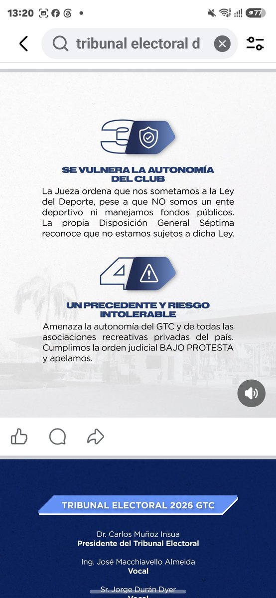 egraetzer's tweet photo. ELECCIONES EN EL GUAYAQUIL TENIS CLUB (GTC):

Yo, Eberhard Karl Graetzer SOCIO PROTECTOR del Guayaquil Tenis Club, expreso mi total y público respaldo al Tribunal Electoral, a su presidente, Dr. Carlos Muñoz Insúa, y a todos sus distinguidos integrantes, en el próximo proceso electoral del 16 de agosto 2016, cuya realización fue dispuesta por jueces y que se desarrollará bajo protesta formal del Tribunal Electoral.

Tambien, manifiesto mi respaldo a la Lista 2, encabezada por Juan Trujillo como candidato a presidente y Lissa Macchiavello como candidata a vicepresidenta, por sus incustionables meritos, e invito muy respetuosamente, a todos los socios del GTC a respaldarlos con su voto.

Confío que las elecciones sean realizadas con cordialidad y respeto, y una vez concluido el proceso electoral, el Guayaquil Tenis Club fortalezca su institucionalidad y que esta situación excepcional no vuelva a repetirse jamás, preservando siempre el espíritu de amistad, respeto al estatuto, a la libertad de expresión y unidad que ha caracterizado siempre a nuestra institución.