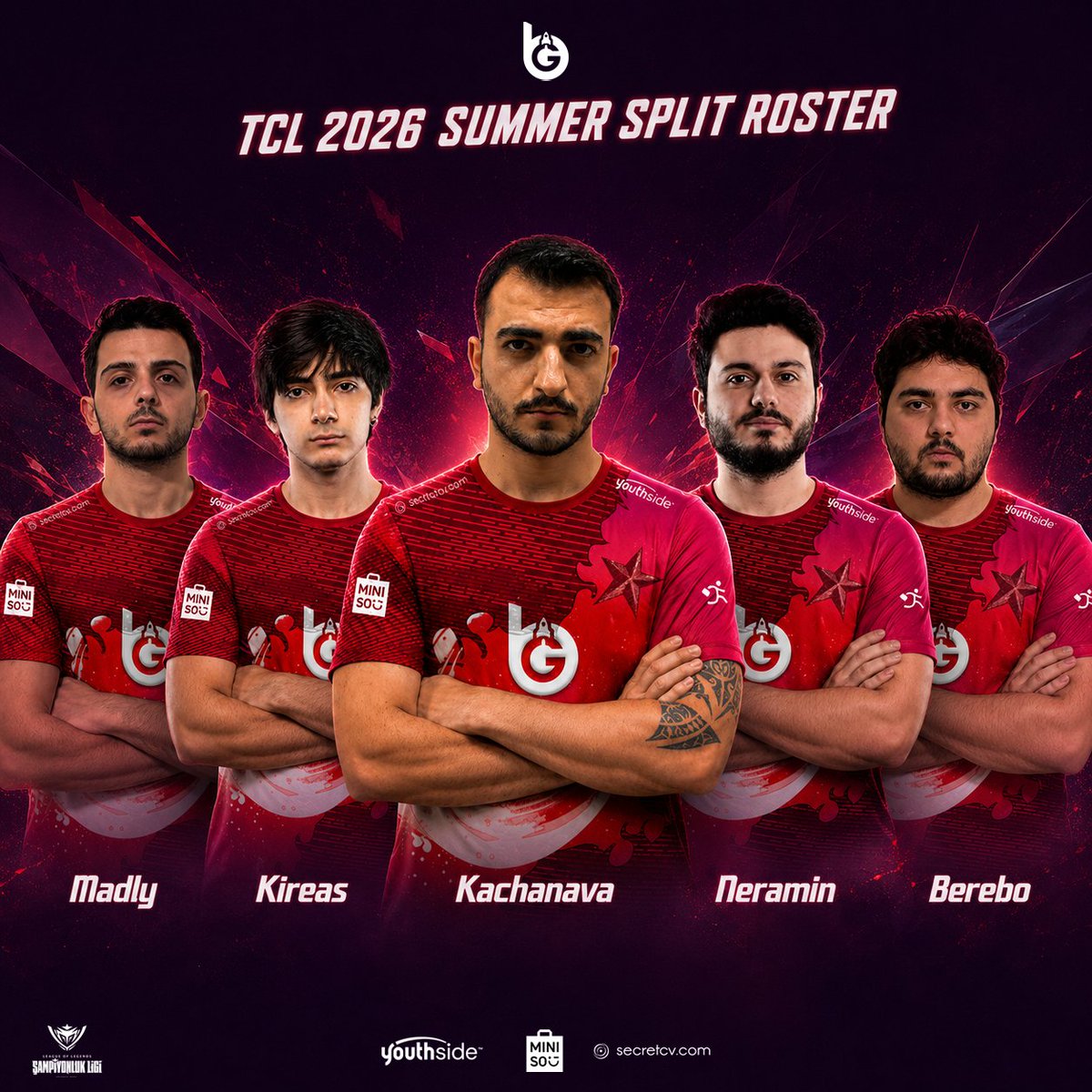 boostgateesport's tweet photo. Karşınızda bizleri TCL 2026 Yaz Mevsimi'nde temsil edecek kadromuz! 🔥

🇹🇷 Ferhat Can "Madly" Atma 
🇹🇷 Tunahan "Kireas" Kevioğlu
🇹🇷 Emre "Kachanava" Çelik
🇹🇷 Hasan "Neramin" Samarsın
🇹🇷 Yarkın "Berebo" Dağ

🇹🇷 Serhan "DoomBull" Ata https://t.co/93wa9IowS2