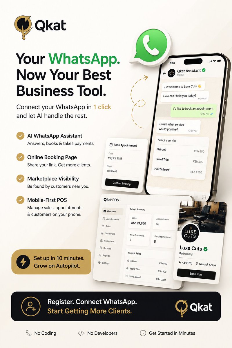 BritaCore's tweet photo. Most businesses already run on WhatsApp. So why ask them to learn another complicated platform?

Connect your WhatsApp to AI in just one click and start automating customer conversations, bookings, and morewithout changing how you already work.
#qkat
#ai
https://t.co/kOWNTeJT95 https://t.co/p2XPxQswFD