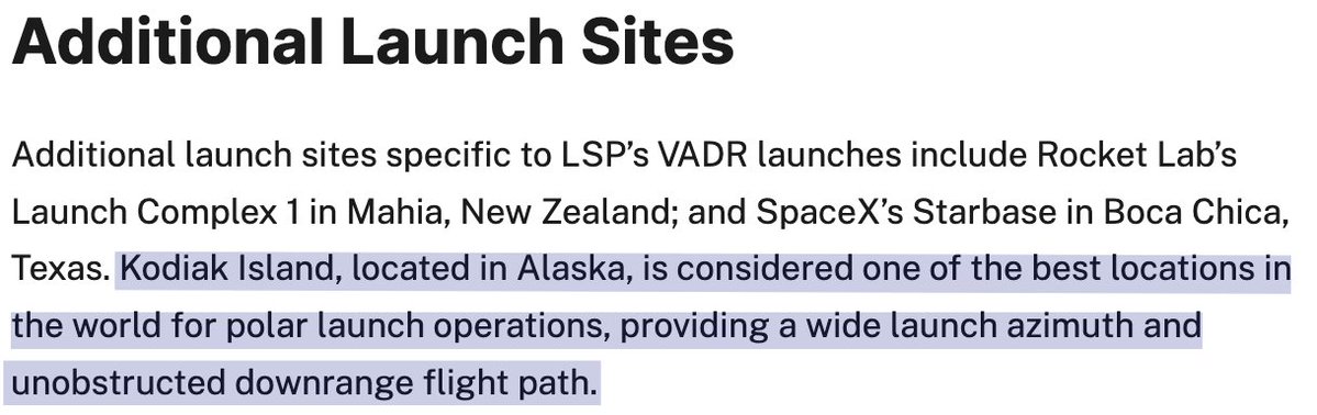 SpaceFortune12's tweet photo. Rocket Lab's LC-4 is potentially incredibly bullish for orbital launch, not just HASTE. NASA named Kodiak Island, where LC-4 is located, as one of the best locations in the world for polar launch operations.

Remember, Rocket Lab wouldn't invest in another launch site if they didn't see a bigger long-term opportunity there.

https://t.co/w72U3bfp9Y

$RKLB