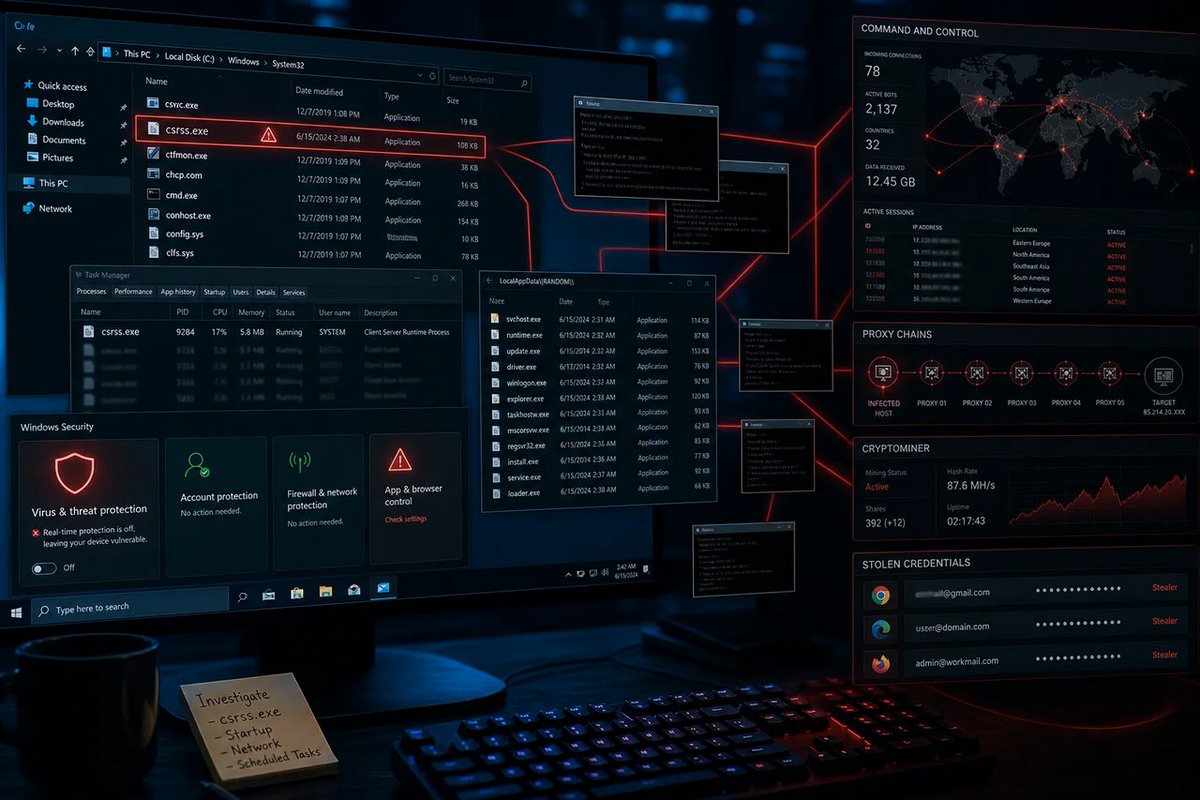windowsforum's tweet photo. 🛡️ Operation STANDOFF proves malware doesn’t need a zero-day when it can cosplay as Windows itself. A fake csrss.exe, Defender evasion, credential theft and crypto mining? Corporate IT’s worst multitasker.
https://t.co/O4lvzztkbx
#CredentialTheft #WindowsMalware https://t.co/7OqfCNuVU9