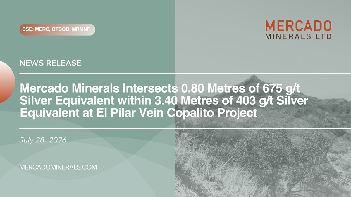 MercadoMinerals's tweet photo. Mercado Minerals Intersects 0.80 Metres of 675 g/t Silver Equivalent within 3.40 Metres of 403 g/t Silver Equivalent at El Pilar Vein Copalito Project

Read the news: https://t.co/eiTqaq3AjC
$MERC.C $MRMNF https://t.co/ijNLwPDzzN