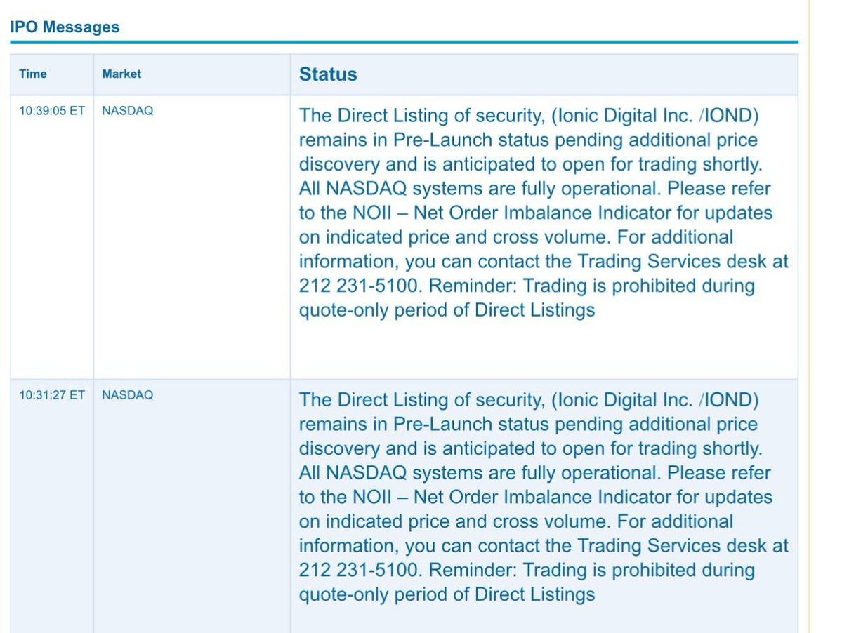 tulumpo's tweet photo. $IOND still in pre-launch. second delay message, 10:31 and now 10:39.

this is normal. "All NASDAQ systems are fully operational" is in the message. nothing is broken.

direct listings open when price discovery settles, not on a clock. @coinbase, @SlackHQ and @Spotify all opened late too.