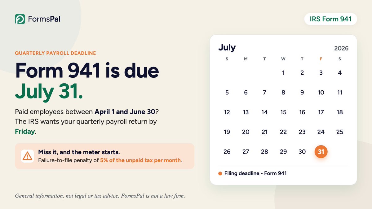 FormsPal's tweet photo. 📅 Form 941 is due July 31. If you paid employees between April 1 and June 30, the IRS wants your quarterly payroll return by Friday.
Miss it, and the failure-to-file penalty starts at 5% of the unpaid tax per month.
▶️ Form 941 basics at #FormsPal: https://t.co/dksIXPumbc https://t.co/PRTmgNE2yB