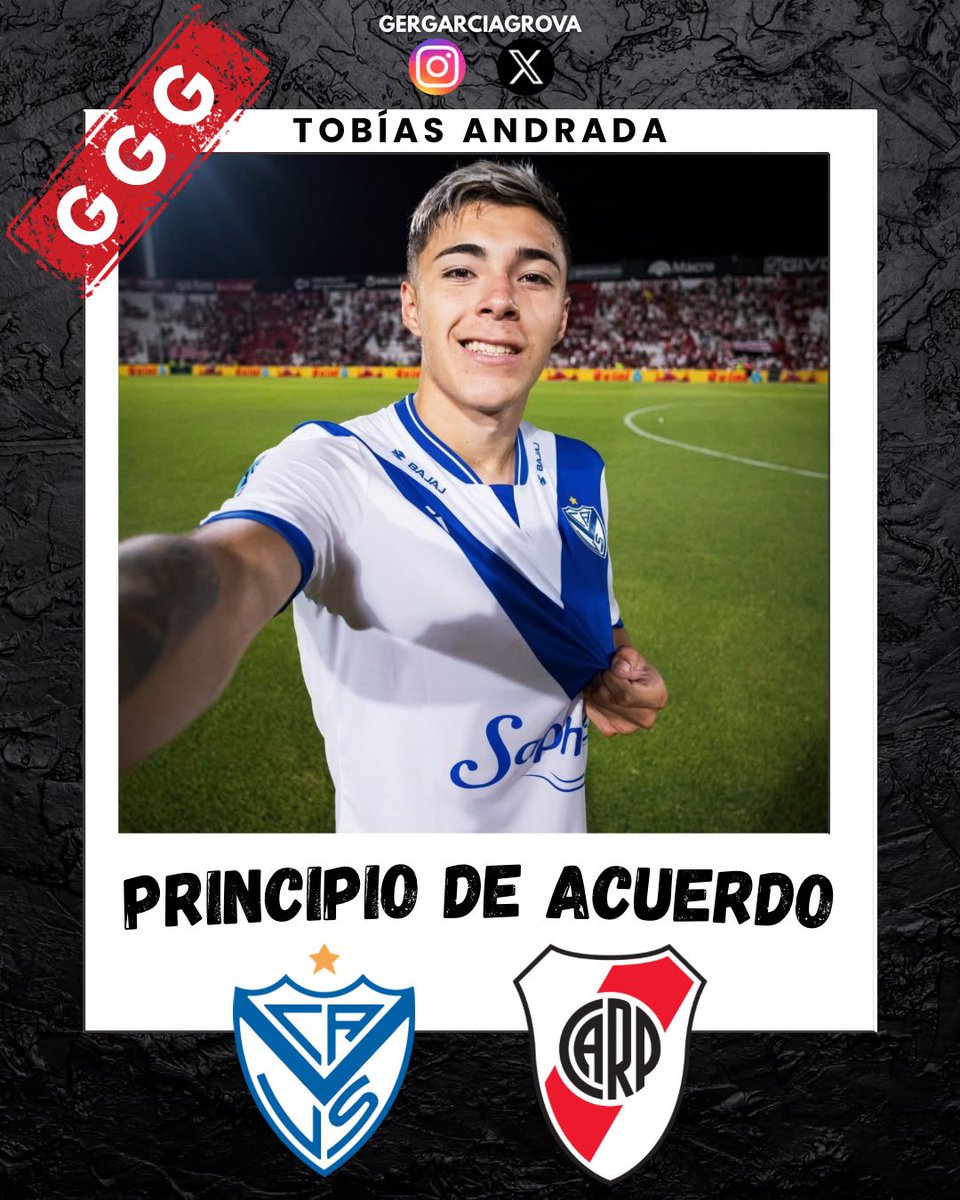 GerGarciaGrova's tweet photo. 🚨{EXCLUSIVO} Principio de acuerdo entre #River y #Velez por Tobías Andrada

📌US$5.5M por el 60% y la compra, a través de objetivos cumplibles, de un 20% a cambio de US$2.5M

✍🏾 cuatro años y medio.

📅La intención es que juegue el jueves vs. #Talleres y luego se sume a #River. https://t.co/yjg3iePITQ