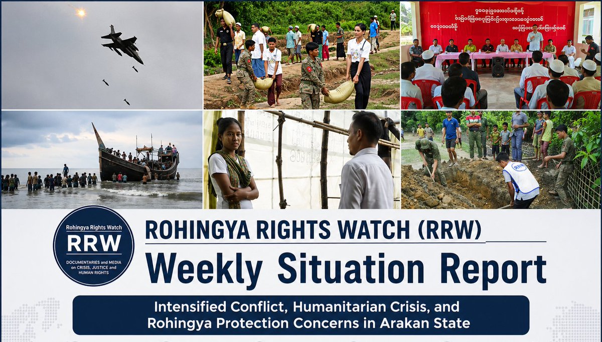 Rohingyari76487's tweet photo. ๐ข RRW Weekly Situation Report | Arakan State (15โ19 Jul 2026)
Latest report documents intensified airstrikes, monsoon flooding, and #Rohingya protection concerns in Arakan (Rakhine) State.
๐ https://t.co/P9I7JrgsTW
#RRW #Rohingya #Arakan #Myanmar #HumanRights https://t.co/PbdrZPYGha