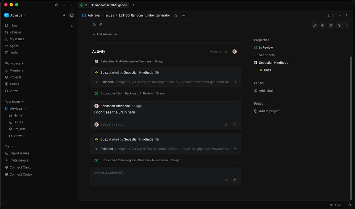 MrSuperSecret's tweet photo. The Buzz and Linear integration is in place. Serverless coding agents now invoke via Linear or Buzz, with links between them. Each issue gets assigned to an agent and the agent assigns a conversation to the issue. Can seamlessly steer the agent from anywhere. Next up: CI/CD! https://t.co/hkRcAlbwSS