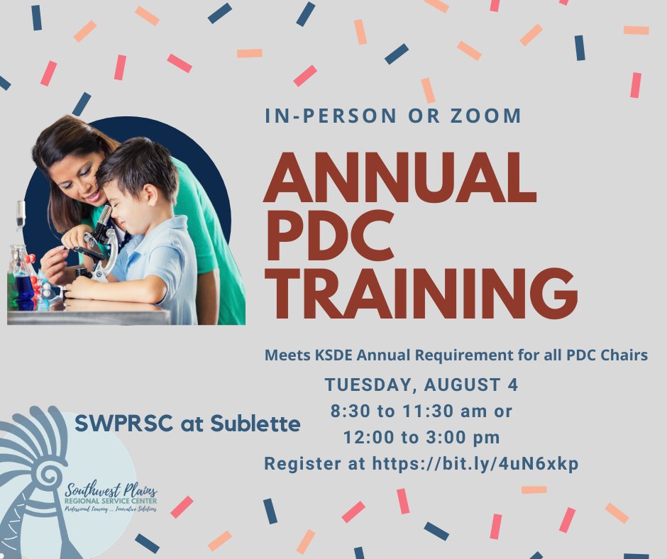swplains's tweet photo. Attention PDC Chairs &amp; Committee Members!  Meet your annual KSDE training requirement. Learn the ins and outs of the SWPRSC PDC system, from approving licensure points to managing transcripts and IDPs.
Register here: https://t.co/VW3eP19hbx https://t.co/wl1K5jZhlr