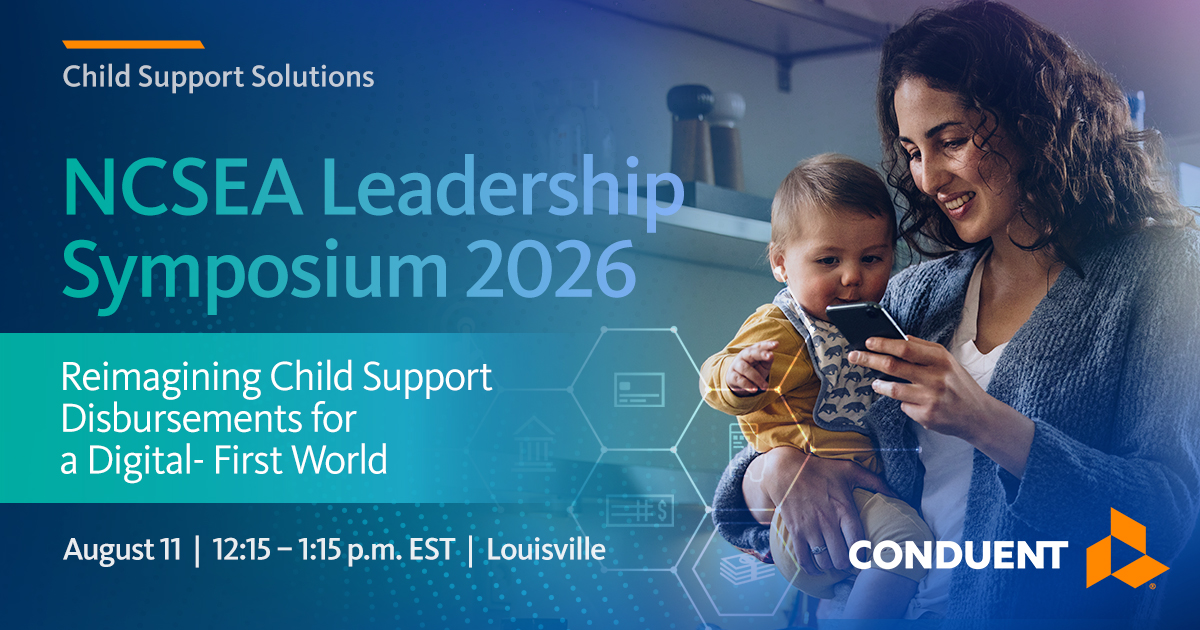 Conduent's tweet photo. We’re looking forward to connecting with the #childsupport community at #NCSEA2026 in Louisville. Visit us at Booth #20, or join our vendor showcase on Aug. 11 to learn how to modernize #payments and deliver critical support to families. Register here: https://t.co/vp6BmlfFsp https://t.co/ux9CFpciuX