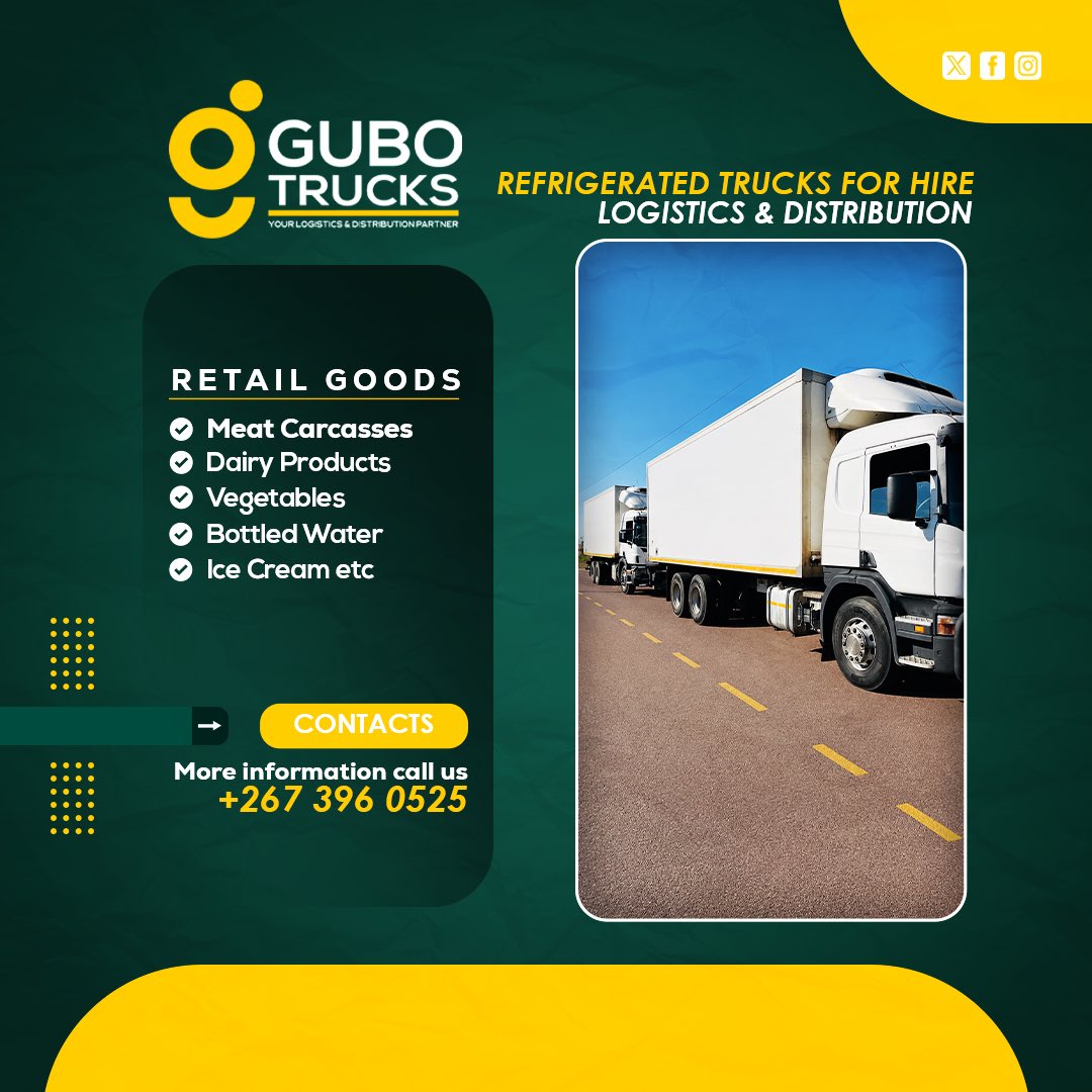 gubotrucks's tweet photo. Gubo Trucks; Your Logistics & Distribution Partner 🤝🏆
Call; +267 396 0525
Email; info@gubo.co.bw
#GuboTrucks #Logistics #Distribution #BotswanaBrand #PushaBW #SupportLocal https://t.co/ml0XgYm4sH