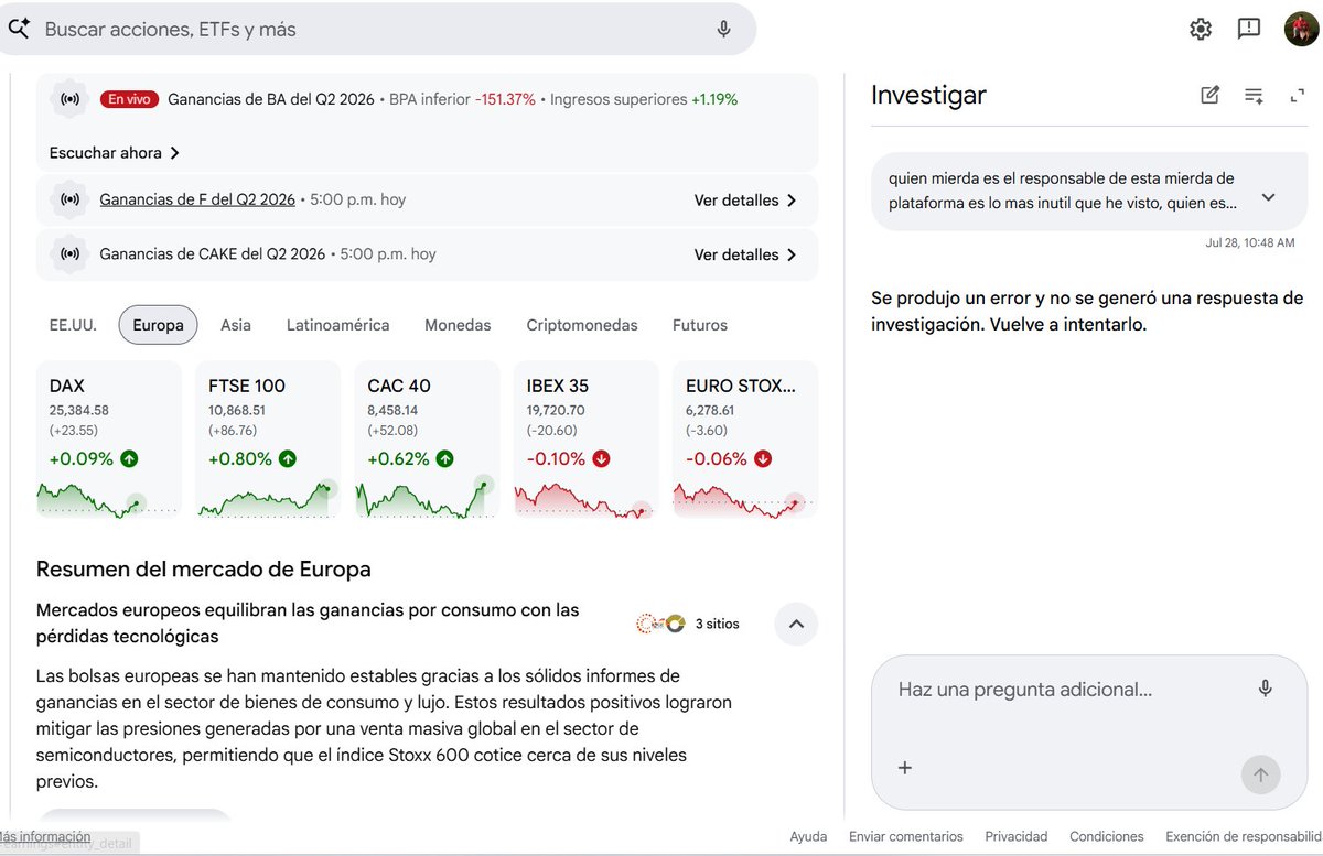 sjosue43's tweet photo. @googlefinance   quien mierda es el responsable de esta mierda de plataforma es lo mas inutil que he visto, quien es el genio con la cabeza llena de mierda que eligio este disenio disruptivo? https://t.co/w8xUvoT0ld