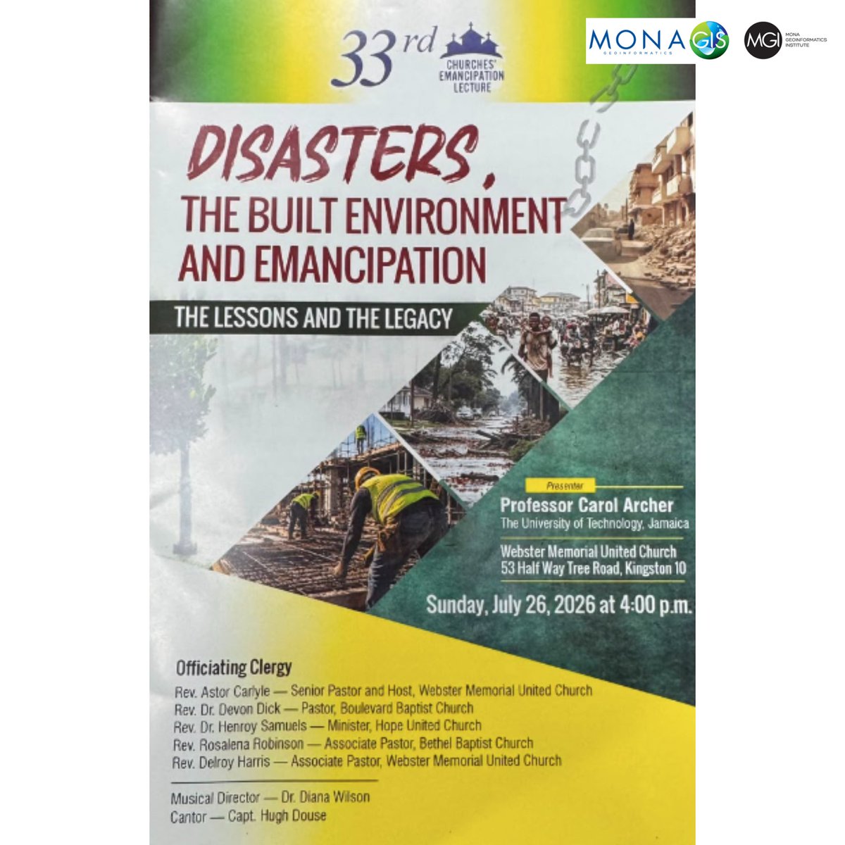 MGIMona's tweet photo. MGI’s Contribution to the 2026 Emancipation Lecture on Disasters, the Built Environment and Emancipation.
Informed decision-making in Jamaica.
Deatails: https://t.co/n1tId2xhHw
#MGI #GIS #DisasterResilience #ClimateAction #GeospatialTechnology https://t.co/Aeiz9ch1Ck