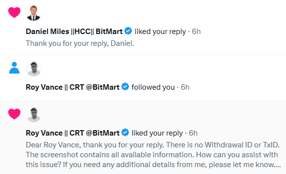 Paradoxox89's tweet photo. @Eiszeit85 @BitMartExchange ็Maybe, His contact reply from Daniel Miles. https://t.co/Lzjzak5mSp