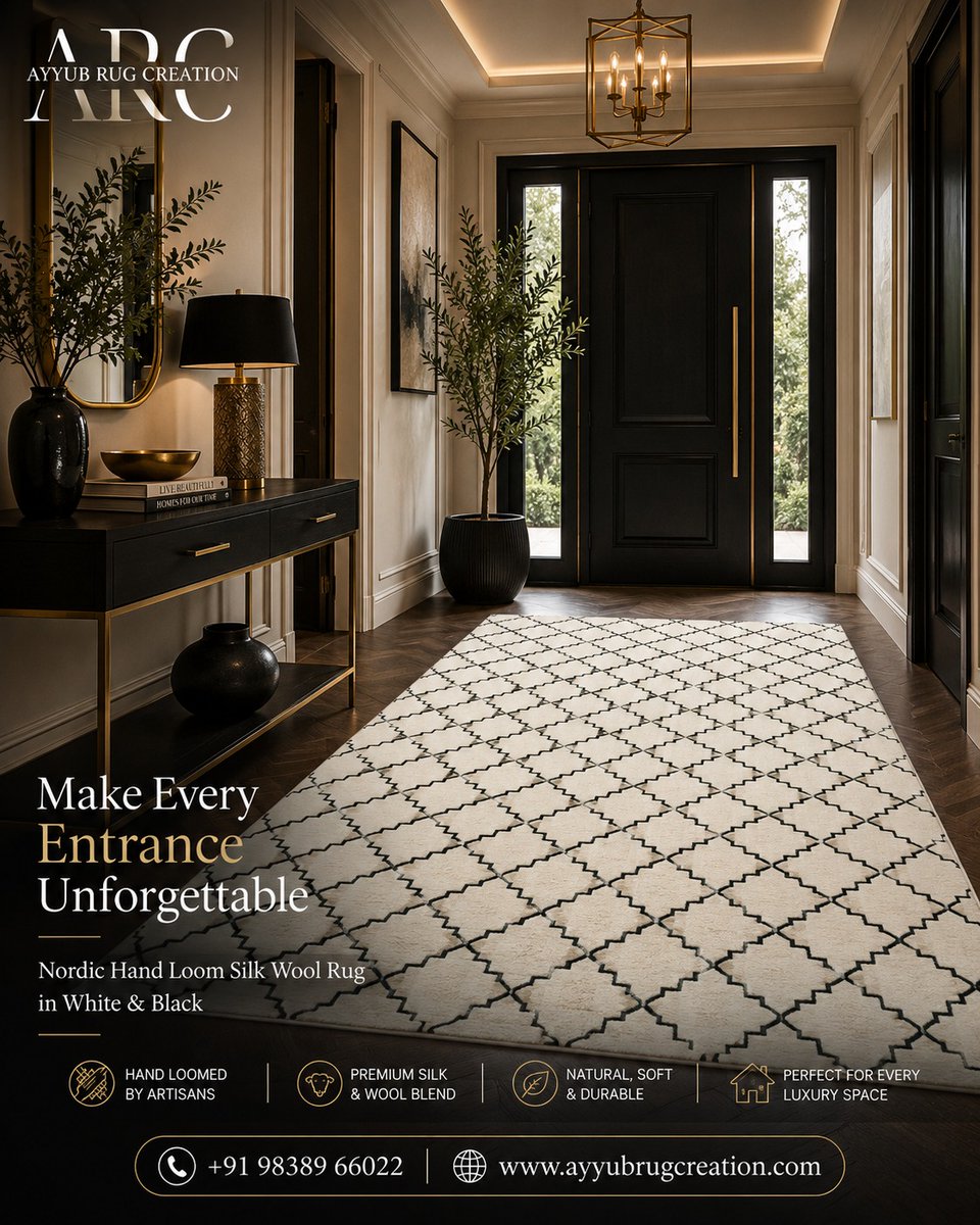 AyyubRug's tweet photo. Luxury is more than a style—it's a feeling that welcomes you home. 📷
From the moment you step through the entryway to the comfort of your bedroom, the elegance of your living room, and the focus of your study room, our Nordic Hand Loom Silk Wool Rug in White &amp; Black brings https://t.co/46KkxPf5dw