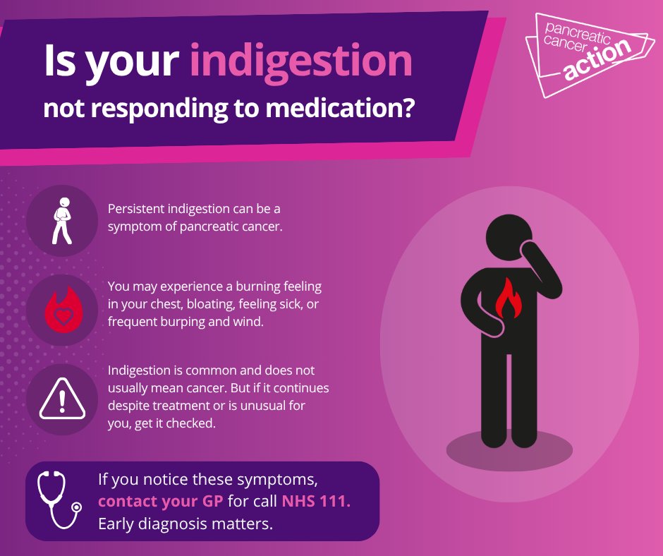 OfficialPCA's tweet photo. 💜 Indigestion that fails to improve with medication can sometimes be a sign of #pancreaticcancer.

Most indigestion is caused by something less serious, but if symptoms are recurring, get it checked.

Learn more about the symptoms of pancreatic cancer:
https://t.co/yT9xJd1L6b https://t.co/aezc4JaGG2
