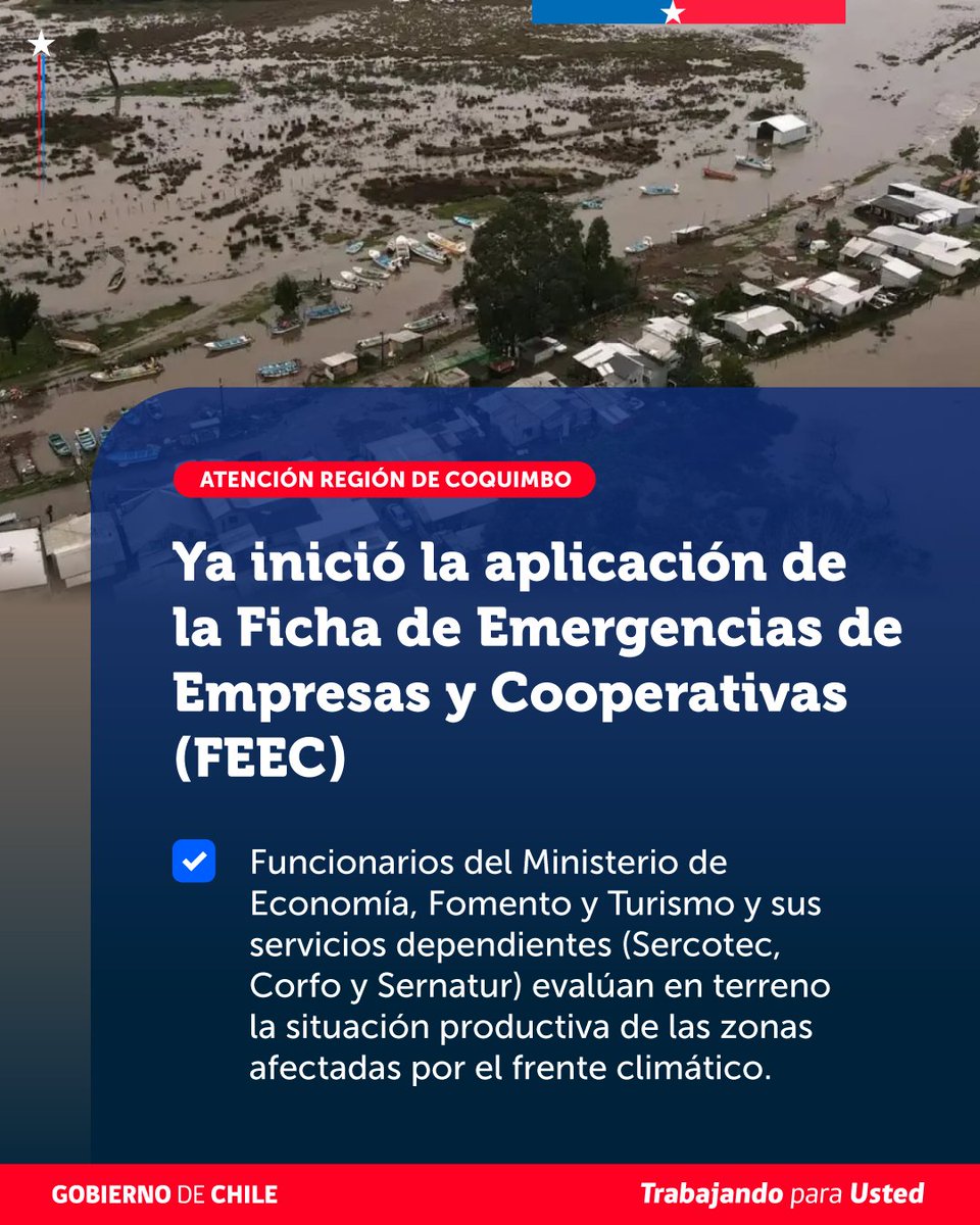 meconomia's tweet photo. Estamos en terreno en las zonas afectadas 📍

🗓️ Desde hoy martes 28 de julio, funcionarios del Ministerio de Economía, junto a equipos de @Sercotec_Chile, @Corfo y @Sernatur, comenzarán el monitoreo de la situación productiva en las regiones afectadas por las lluvias.

📄 Para ello, se iniciará la aplicación de la Ficha de Emergencia de Empresas y Cooperativas (FEEC), catastro clave para identificar el nivel de afectación que han sufrido las mipymes y cooperativas.

Este despliegue nos permitirá:

✅ Evaluar medidas de apoyo para emprendedores y empresas de menor tamaño, que puedan impulsarse desde el Ministerio de Economía y sus servicios relacionados.

✅ Hacer seguimiento a las ayudas entregadas y elaborar reportes para monitorear la situación productiva de las comunas y regiones afectadas.

Recuerda que❗

👉 Este catastro está dirigido exclusivamente a empresas y cooperativas que hayan sufrido afectación directa a causa de las lluvias y que cuenten con inicio de actividades en primera categoría.

☝️ Para responder la FEEC, es necesario que representantes de las empresas y cooperativas afectadas se encuentren en los lugares donde se produjeron los daños.