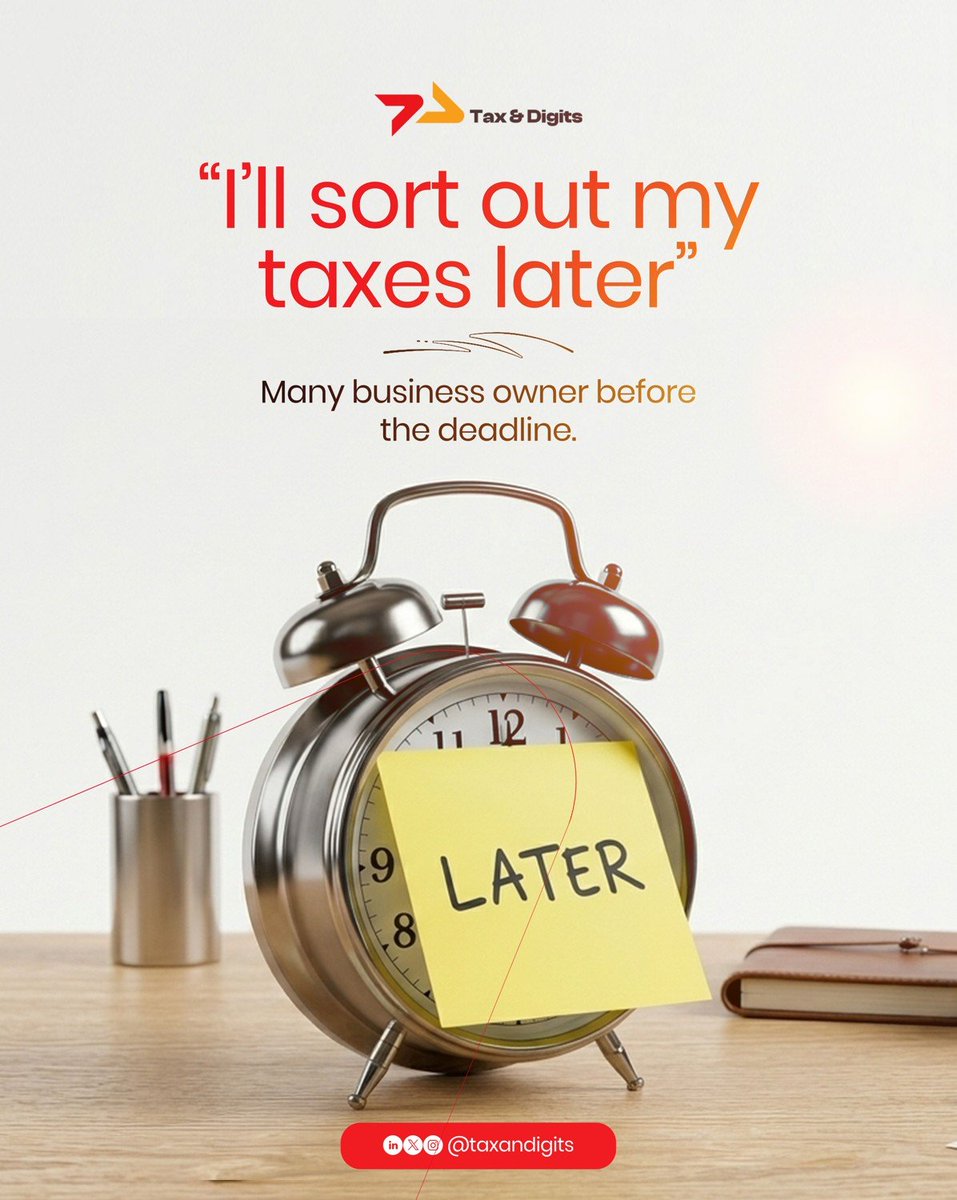 taxanddigits's tweet photo. Putting off your tax obligations may seem harmless today, but delays can become costly tomorrow.

Many business owners postpone tax compliance because they’re busy running their businesses. Unfortunately, missed deadlines can lead to penalties, interest, and unnecessary... https://t.co/zXgFrSLftI