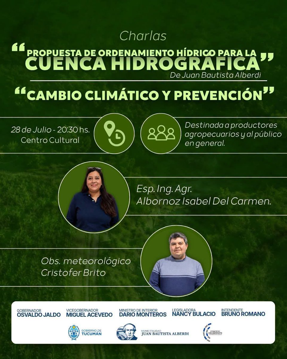 Alberto63842048's tweet photo. Charla
PROPUESTA DE ORDENAMIENTO HÍDRICO PARA LA CUENCA HIDROGRAFICA" DE ALBERDI 
"CAMBIO CLIMÁTICO Y PREVENCIÓN”
28 de Julio - 20:30 hs. Centro Cultural
Esp. Ing. Agr. Albornoz Isabel Del Carmen.
Obs. meteorológico Cristofer Brito https://t.co/FbLGOBogOP