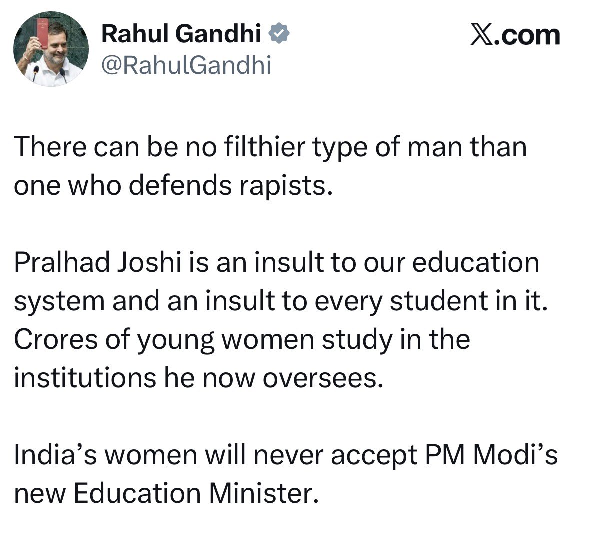 BesuraTaansane's tweet photo. Rahul Gandhi calls Pralhad Joshi ji “defender of rapists”

Here is the reality - watch the video : When asked about release of Bilkis Bano rapists, all that Joshi ji said was they would have been released as per the relevant provision in the law after serving time. 

Such brazen and false attempt at  character assassination by a person who holds the position of LoP must be responded to with a massive defamation suit 

This is clearly a new low in Parliamentary discourse and the gloves off approach must be reciprocated with greater force