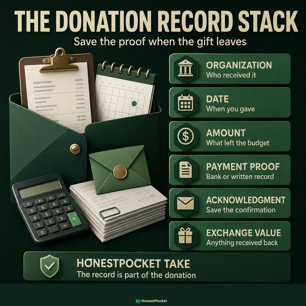 HonestPocketHQ's tweet photo. Donation record stack: organization, date, amount, payment proof, acknowledgment, and exchange value. Save it when you give. #HonestPocket #CharitableGiving #TaxRecords #MoneyTips #PersonalFinance https://t.co/iolCQ4m3am
