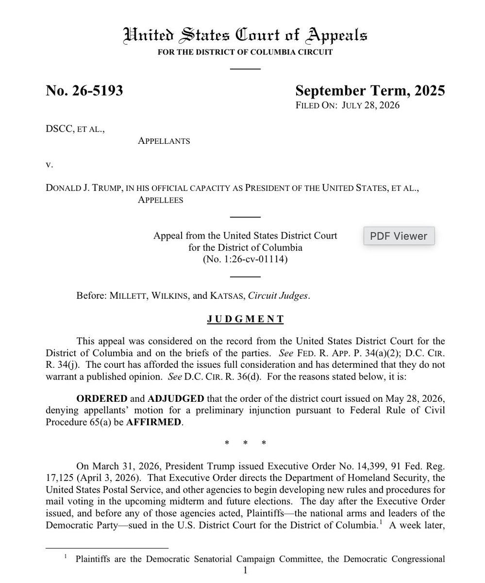DemocracyDocket's tweet photo. BREAKING: In a loss for voters, the D.C. Circuit affirmed a lower court ruling upholding parts of Trump's executive order targeting mail voting, including allowing:

✔️DHS to build a citizenship registry
✔️USPS to withhold mail ballots from states that don't share voter data with the government