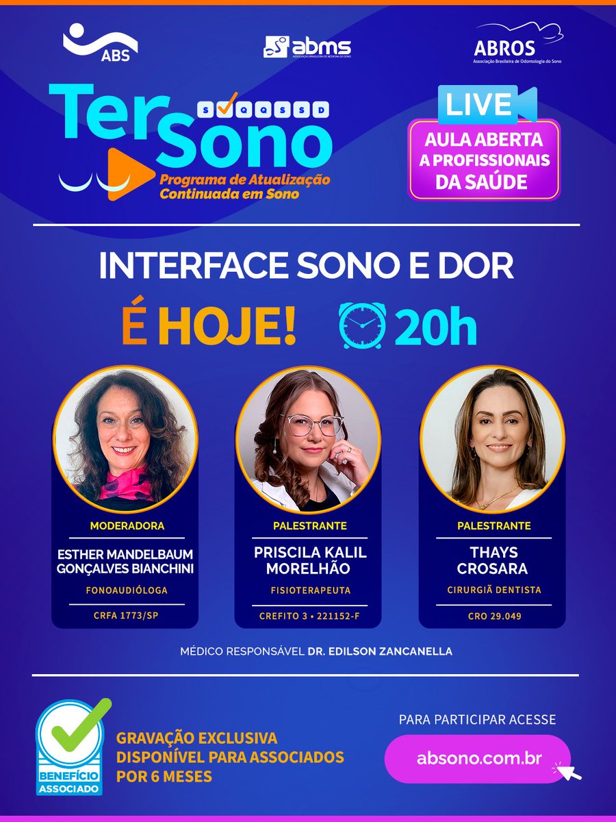 absono_'s tweet photo. 💤 É hoje! Chegou o dia de mais uma edição do Ter Sono.

Nossa aula ao vivo e aberta para profissionais da saúde abordará o tema "Interface Sono e Dor", às 20h.

Acesse: https://t.co/LG6L6fQa0M

#absono #tersono #medicinadosono https://t.co/VxOI257ozp