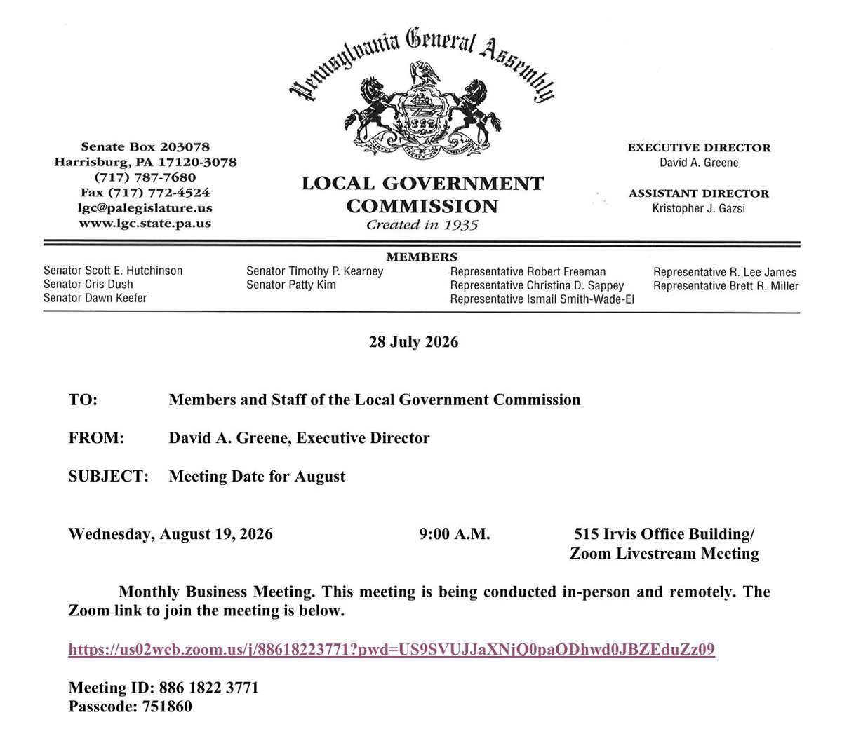 Pa_LGC's tweet photo. Meeting notice for the Local Government Commission business meeting scheduled for Wednesday, August 19, 2026, at 9:00 a.m. in Room 515 Irvis Office Building. The Commission business meeting will be conducted in person and virtually. https://t.co/1j1enP0sBW
