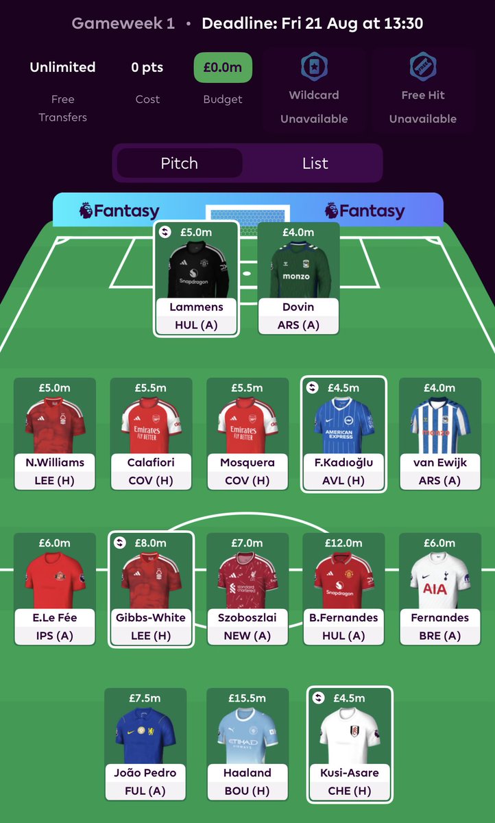 Garnt__'s tweet photo. @FPL__Raptor @FFH_HQ Soooooo unsure but here’s where it’s currently at. 

I do like having MGW and Szobo/Bruno/Haaland have been in every draft. 

Calafiori will probably be someone else depending on chip strategy https://t.co/oN2lvrygb7