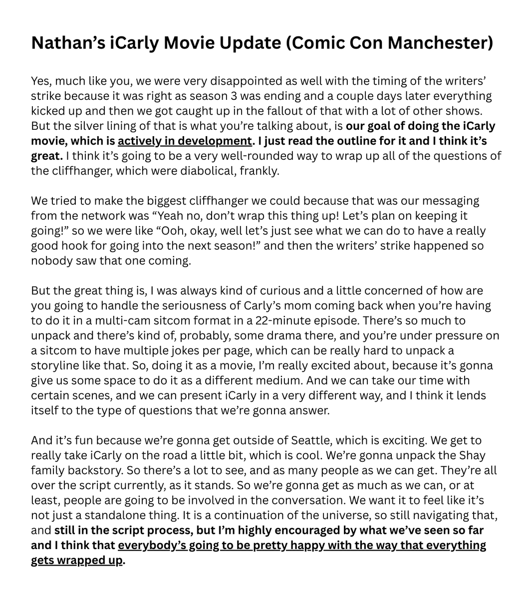 StruckByStories's tweet photo. 🚨NEW: nathan kress spoke about the icarly movie on a panel at comic con manchester, saying it’s “actively in development” and “still in the script process” but that he’s “highly encouraged” by what he’s seen so far! #SaveiCarly https://t.co/1kS9xR5V66