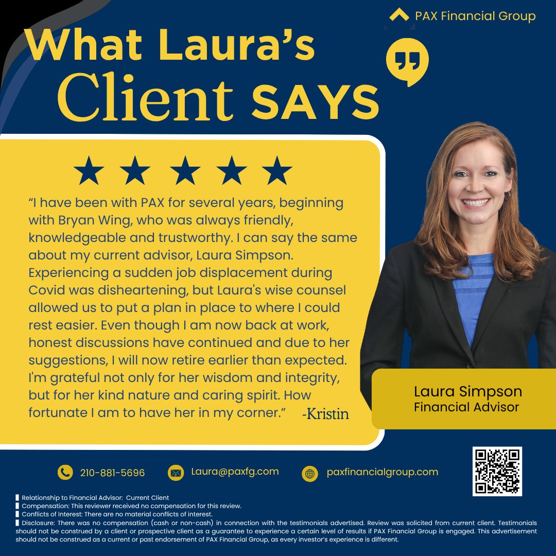 PAXFG's tweet photo. Kristin’s journey from uncertainty to confidence reminds us why thoughtful planning matters.
#PAXFinancialGroup #FinancialPlanning #RetirementPlanning #ClientStories #FaithBasedInvesting #SanAntonio https://t.co/UO9d1bhiuj