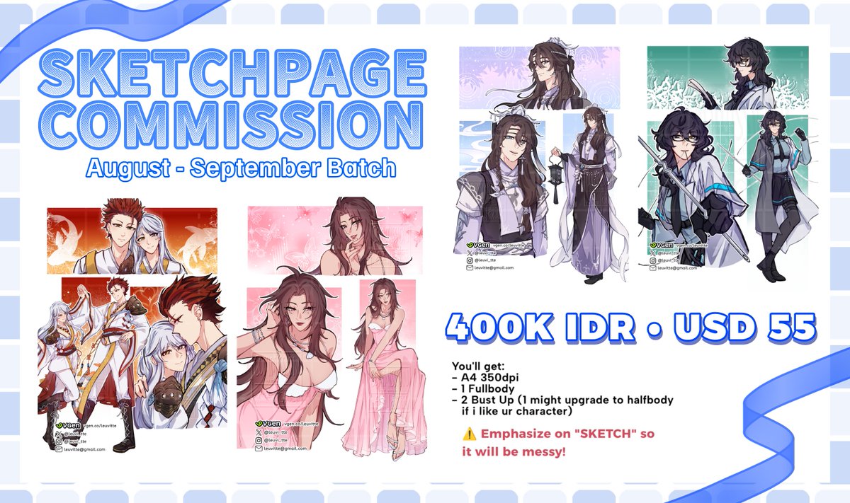 leuvi_tte's tweet photo. [likes and RTs are appreciated💫]    

I'm opening sketchpage cms for August-September batch~ 3 slots for now!
DM me if you’re interested! Thank you! (⁠｡⁠•̀⁠ᴗ⁠-⁠)⁠✧   
#VGenOpen #commissionopen 

TnC &amp; comms links below👇 https://t.co/1q5gH3maft