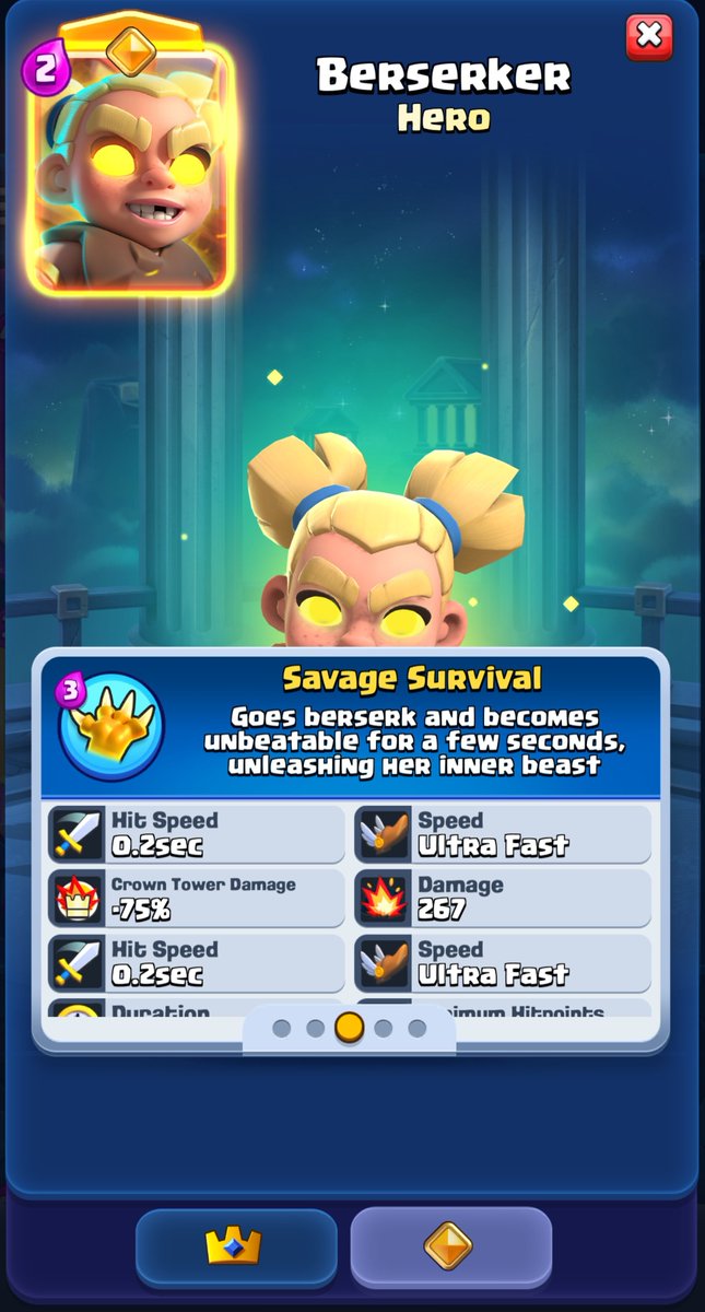 NateJfl's tweet photo. Hero beserker, weakest hero compared to hero valk and evo e barbs

Thank god her ability is 3 elixir

She solos any ground tank/troop in this game, there is no reason to not play her ability btw

She is immune for 4 seconds and does crazy damage 

CRL is gonna be so much fun!!! https://t.co/6KBeuYyVmt