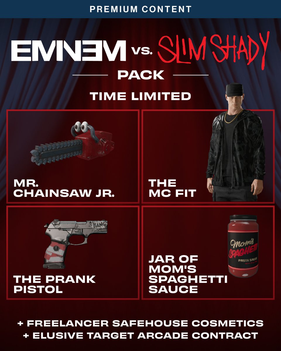 Hitman's tweet photo. The light are on, the stage is set. 💡🎤

The Eminem vs. Slim Shady Pack is available now until August 23rd.

✅ Mr. Chainsaw Jr.
✅ The MC Fit
✅ The Prank Pistol
✅ Jar of Mom's Spaghetti Sauce
✅ Freelancer Safehouse Cosmetics
✅ Elusive Target Arcade Contract

https://t.co/7R2CRxxJ0o

#HITMAN #Agent47