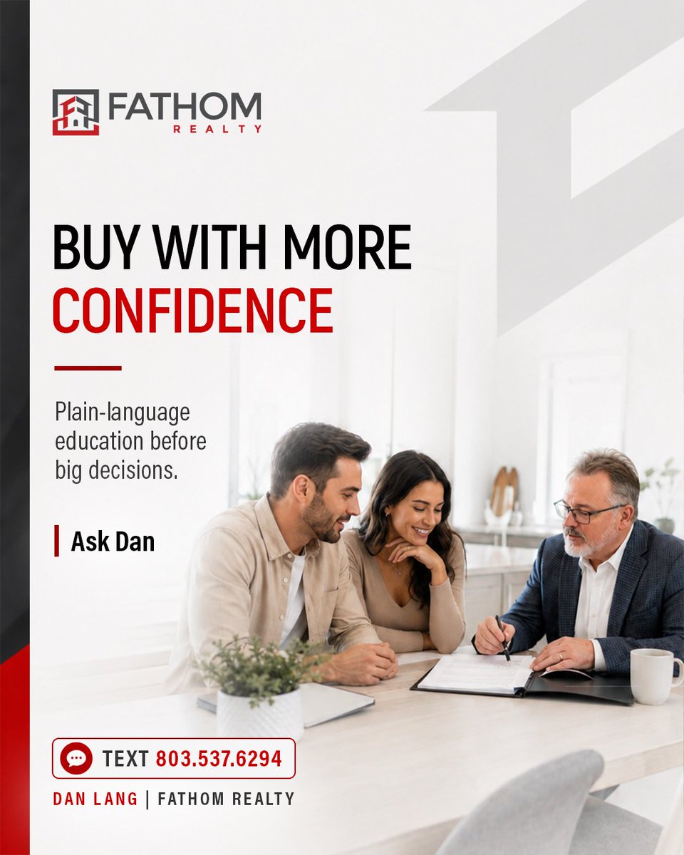 DanLangRealtor's tweet photo. Big real estate decisions deserve plain-language guidance. Before you buy, it helps to understand the process, the market, your options, and the questions you should be asking along the way.

Text Dan at 803.537.6294 before you take the next step.

#FathomRealty #CallTheColonel https://t.co/nn2W5U66T7
