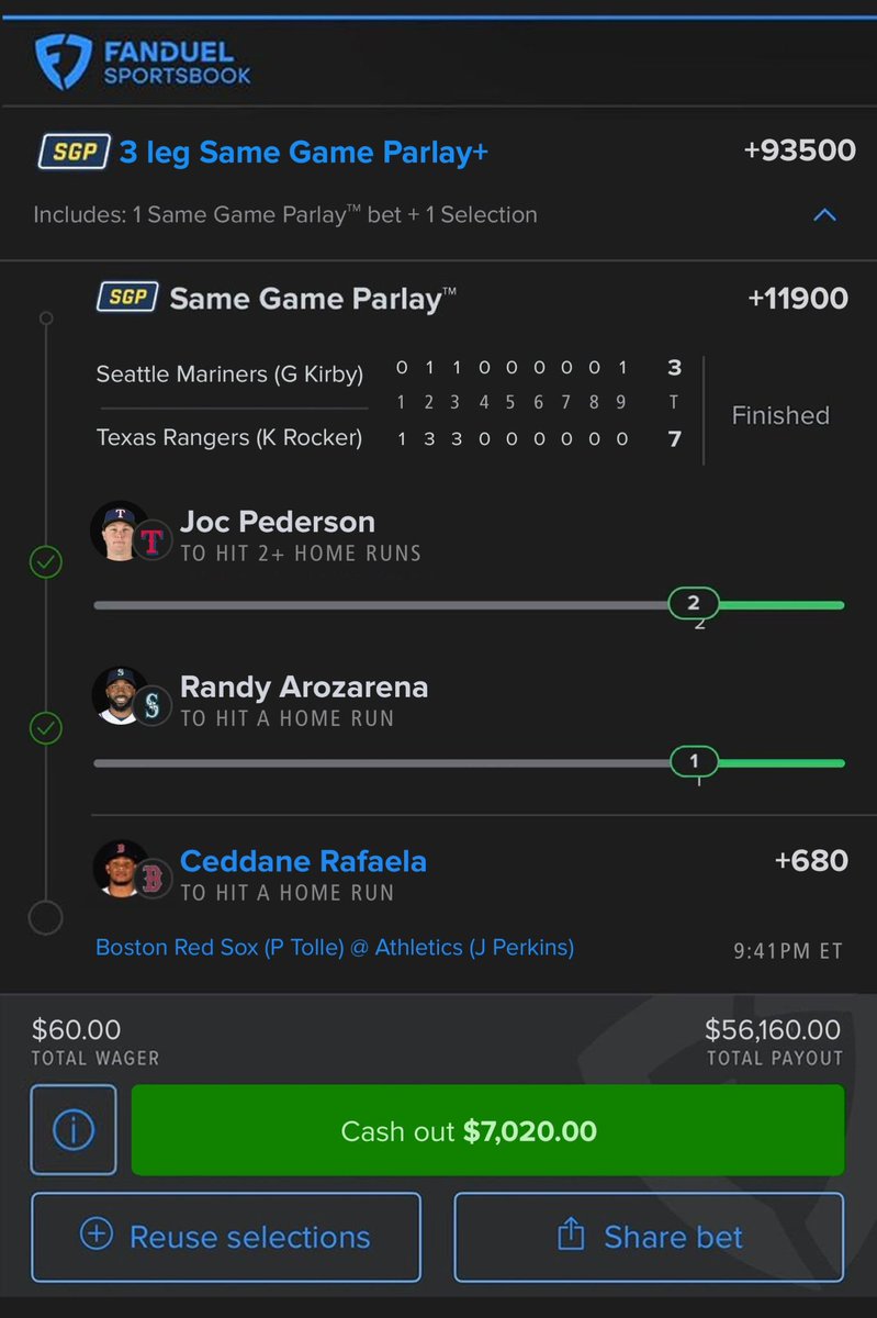 Davidgfqt's tweet photo. 🚨 TWO LEGS CASHED. ONE MORE TO GO. 🤯🔥
$60 ➡️ Potential $56,160 payout.
Current cash out: $7,020 💰
Riding on Ceddanne Rafaela to hit a HR...
💸 Cash out or let it ride? 👀
#MLB #SportsBetting #FanDuel #Baseball #GamblingTwitter #BettingX #HomeRun #Parlay #SportsTwitter #LetIt https://t.co/JbZziiGOMP