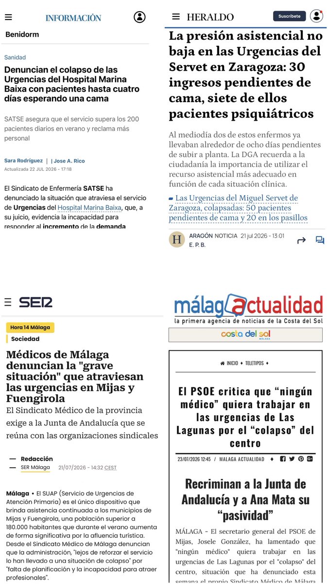 umsadiza's tweet photo. En la última semana múltiples noticias sobre el colapso de urgencias en Málaga, Zaragoza, Coruña, Cádiz, Alicante, Granada, Madrid, Canarias…
Todos los veranos igual.
#UrgSOS https://t.co/xV9zMejnYG