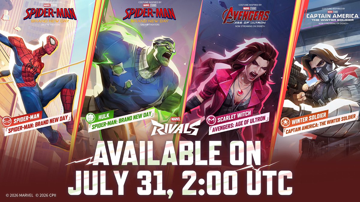 RivalsInfo's tweet photo. ‼️FIRST LOOK: THIS WEEKS SKINS

Here's a look at all of the skins arriving on July 30th, at 7:00 PM PT. #MarvelRivals https://t.co/THovd0QKKO