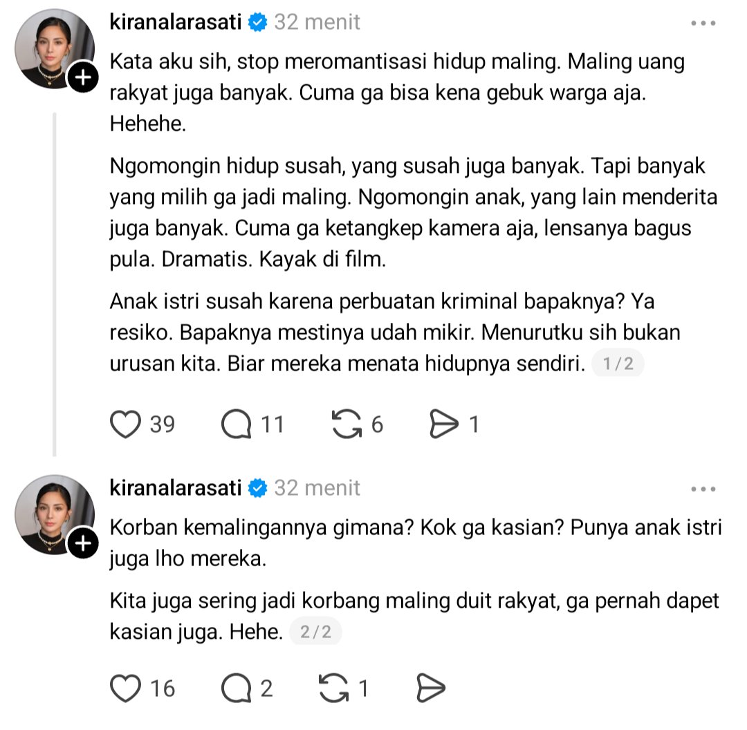 seduhtehnya's tweet photo. Kirana Larasati lanjutin opininya soal maling ayam viral~

Dia bilang, stop meromantisasi hidup maling karena yang memilih nggak jadi maling juga banyak meski hidupnya susah.

Menurut Kirana, ​urusan anak istri jadi susah karena perbuatan kriminal bapaknya ya itu risiko dan bukan urusan kita, lagian gimana sama korban kemalingannya yang punya anak istri juga?

Kirana juga cerita kalau dia pernah jadi korban penodongan waktu naik bajaj sama ibunya dulu. 

Jadi dia blak-blakan bilang sorry not sorry kalau disebut nirempati sama maling.
