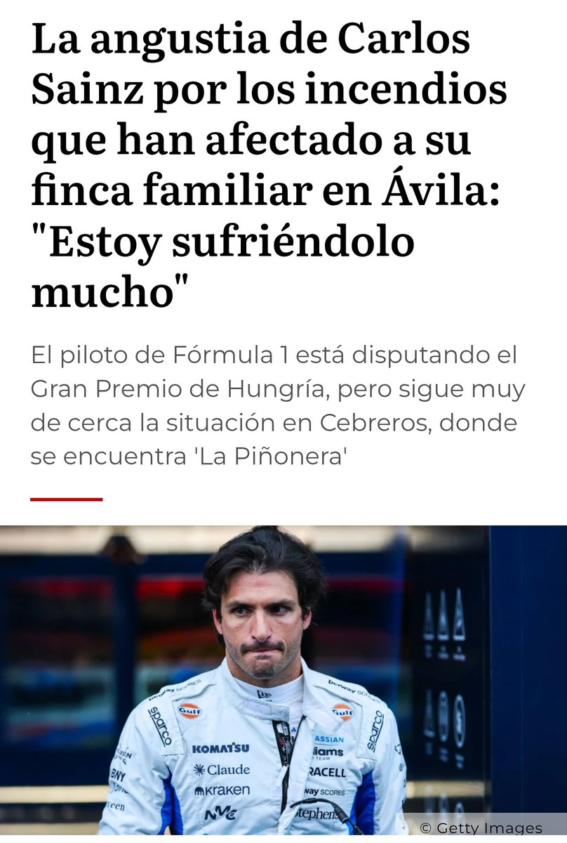 FonsiLoaiza's tweet photo. Carlos Sainz Jr. dice estar muy "angustiado" por los incendios al tener en la zona de Ávila su finca familiar equivalente a 320 campos de fútbol. Sin embargo, ha fijado su residencia fiscal en Mónaco para no pagar a los bomberos forestales que están luchando contra el fuego. https://t.co/wRkVh02iRX