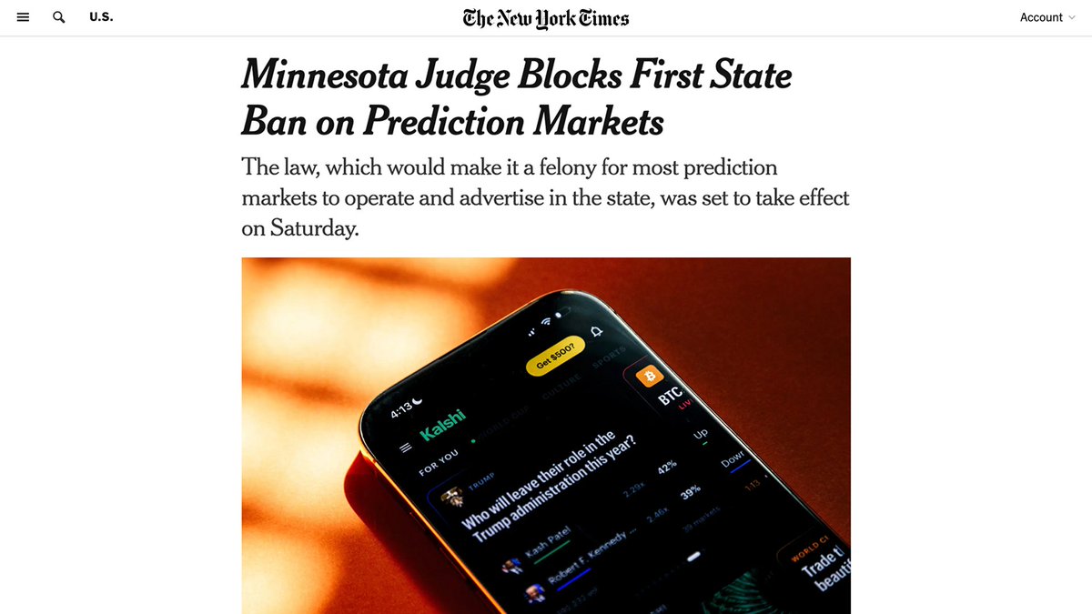 mansourtarek_'s tweet photo. It took only two months for a federal judge to stop Minnesota from enacting this law.

They tried to ban prediction markets, turn users into felons, and criminalize service providers.

The worst part: the rationale used to ban prediction markets could be broadly applied to any financial market with speculation, which means all financial markets.

The upside here is unclear: make the casino lobby happy? The downside is obvious: limit competition, create chaos, and hurt the consumers they’re trying to protect.

States can’t just go around banning things they don’t have jurisdiction over.

If the real concern is about taxes or consumer protection, there are better ways to address that and we’re open to chat.
