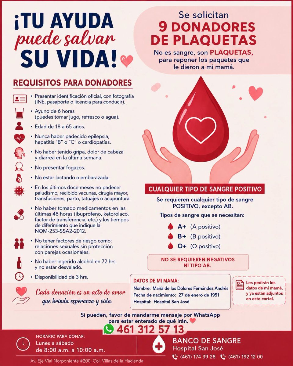 donaenvida's tweet photo. #URGENTE #Celaya #Guanajuato #Plaquetas con tipo de sangre A+, B+ u O+, para María de los Dolores Fernández Andrés, en el Banco de Sangre del Hospital San José.
Contactar al: 461 174 3928 o 461 192 1200.
Informes vía WhatsApp al: 461 312 5713.

#DonaEnVida https://t.co/egB0TwSwUi