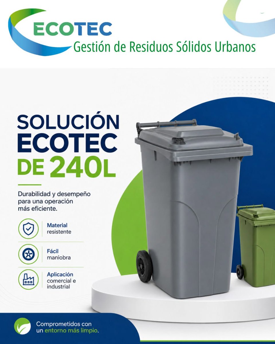 EcoTecLA's tweet photo. El contenedor de 240 L ofrece la combinación ideal entre capacidad, resistencia y movilidad. Su diseño facilita la recolección de residuos en espacios comerciales, industriales y residenciales.
#ECOTEC #Contenedor240L #Recolección https://t.co/xZVlLsuy9i