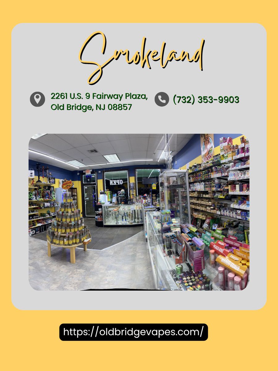 Smokeland1's tweet photo. Our shop is renowned for offering some of the best products at reasonable prices. Visit us today at 2261 U.S. 9 Fairway Plaza, Old Bridge, NJ 08857! #OldBridgeNJ #VapeTricks
https://t.co/YFl5f9lqtV https://t.co/VMDliFkApq