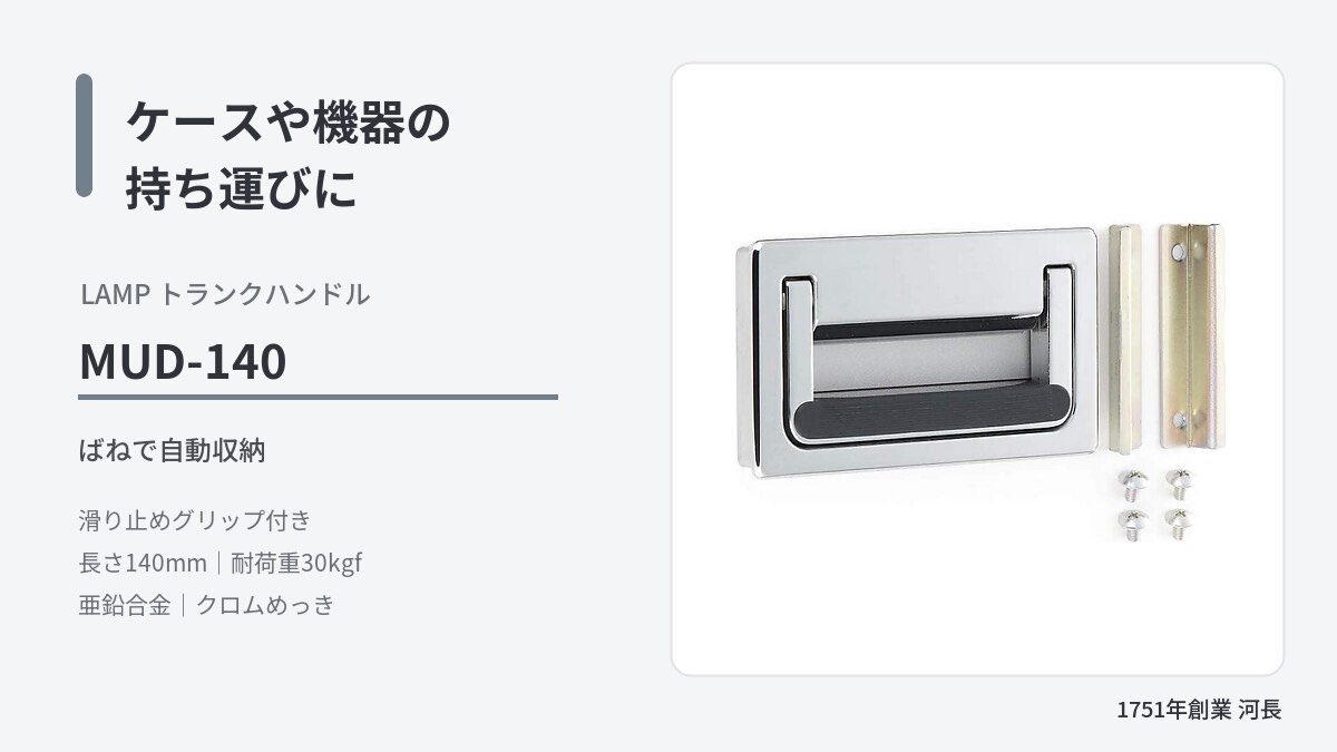 chobey3's tweet photo. ケースや機器の持ち運びに。LAMP トランクハンドル MUD-140（ケースハンドル・埋込取手）は、手を離すとばねでハンドルが自動収納。滑り止めグリップ付きで、耐荷重30kgf。亜鉛合金・クロムめっき、長さ140mm。在庫限り。#トランクハンドル #家具金物
https://t.co/zfb5xtcy5R https://t.co/BvPx521WCH