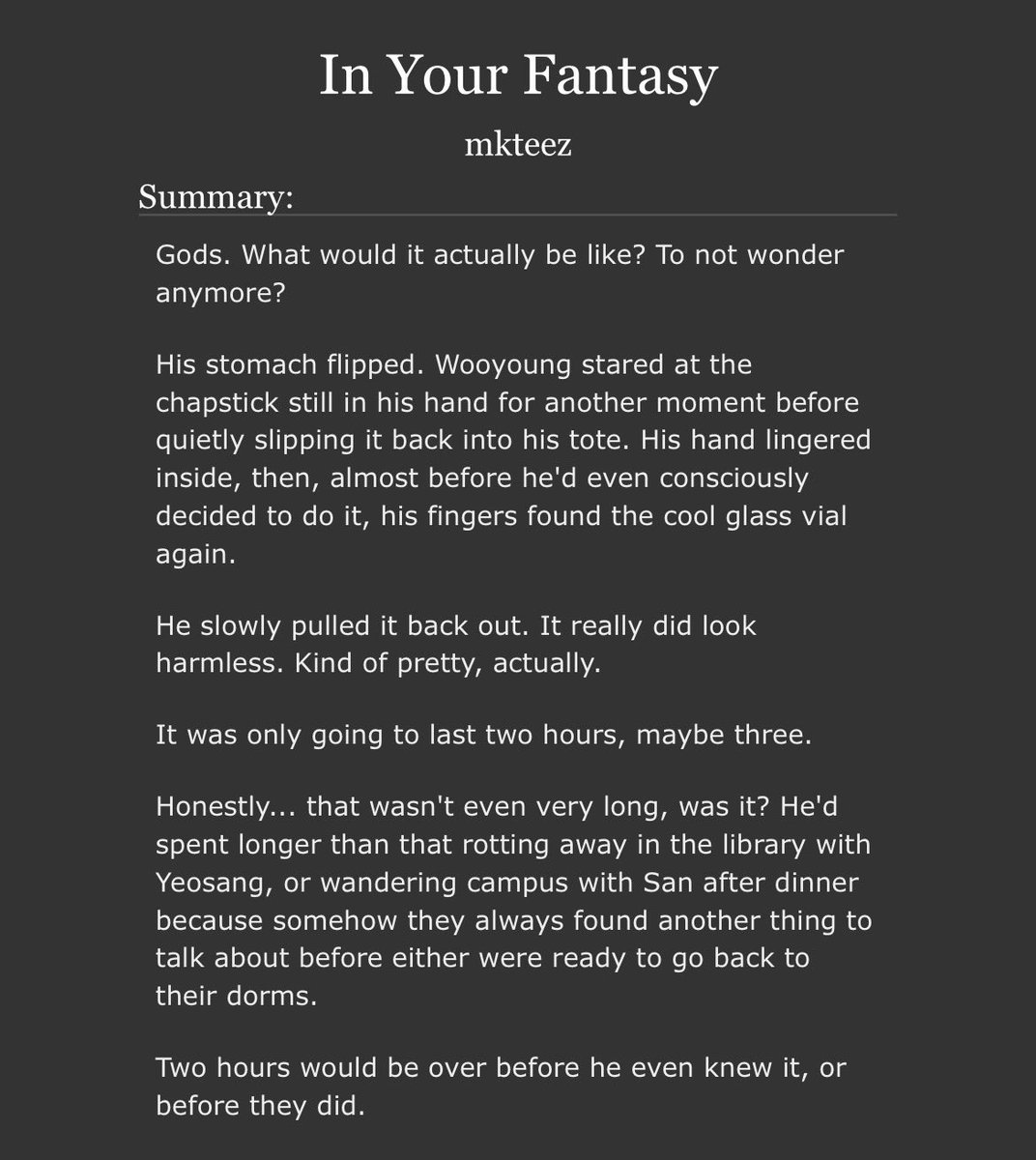 mkteez's tweet photo. in your fantasy

⋆˙⟡♡ wy/sn/ys

⋆˙⟡♡ exp

⋆˙⟡♡ one-shot (29k words)

⋆˙⟡♡ magic au, love potions, idiots in love, accidental love confessions https://t.co/MYj643hdx0