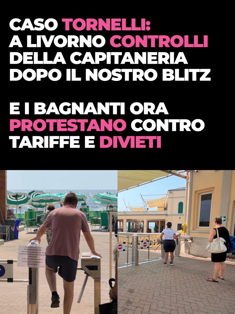 matteohallissey's tweet photo. TORNELLI: QUALCOSA SI MUOVE!

Dopo il nostro blitz, la Capitaneria di Porto è stata vista proprio nel lido dove avevamo documentato l’ingresso consentito soltanto pagando 7.5€ per gli adulti e 5€ per i bambini. 

Negli stessi giorni sono esplose anche le proteste dei bagnanti contro nuove tariffe, divieti e regole introdotte durante la stagione in un altro lido, culminate in una lettera aperta a un giornale locale con possibilità di adire alle vie legali. 

Per troppo tempo chi gestisce gli stabilimenti ha potuto imporre condizioni e limitazioni senza controlli adeguati.

Comune di Livorno e Regione Toscana intervengano: via i tornelli, accessi liberi davvero riconoscibili e gare pubbliche e trasparenti per tutte le concessioni.