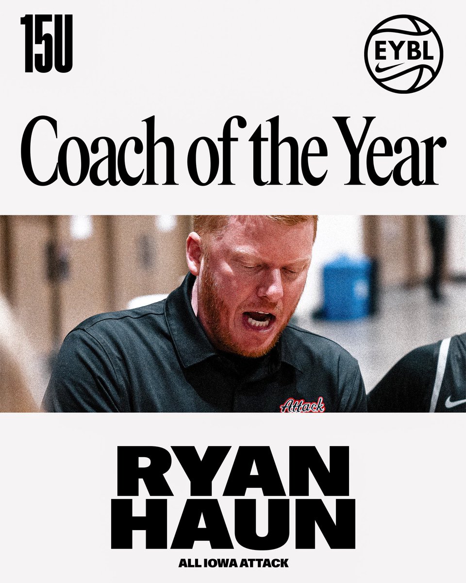 NikeGirlsEYBL's tweet photo. History made. 🏆

Introducing the first-ever 15U Girls EYBL Regular Season Coach of the Year: Ryan Haun. 👑

Led All Iowa Attack to a 15-0 record.

#2026EYBL https://t.co/Bh4seGPV2d