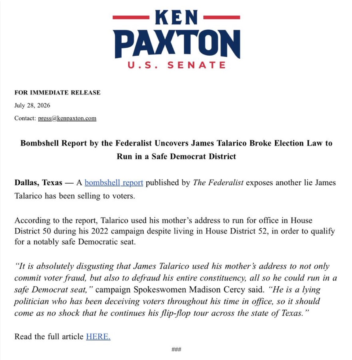 WellsJorda89710's tweet photo. 🚨 BREAKING: Mama’s Boy Exposed
New Federalist bombshell: James Talarico used his mom’s Austin address to register and run for a safe Democrat House seat — an apparent violation of Texas election law requiring a full year of residency in the district.
He allegedly didn’t live there. Then bought a house in the district after filing.
The same guy attacking Ken Paxton on residency.
Read the exclusive: https://t.co/XvdeDqwpIB
#TalaricoExposed #MamasBoy #ElectionIntegrity #TexasSenate #Paxton2026 #TexasPolitics